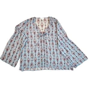MAURICES 3  blouse with tie detail, bell sleeves, teal with gold, pink &…